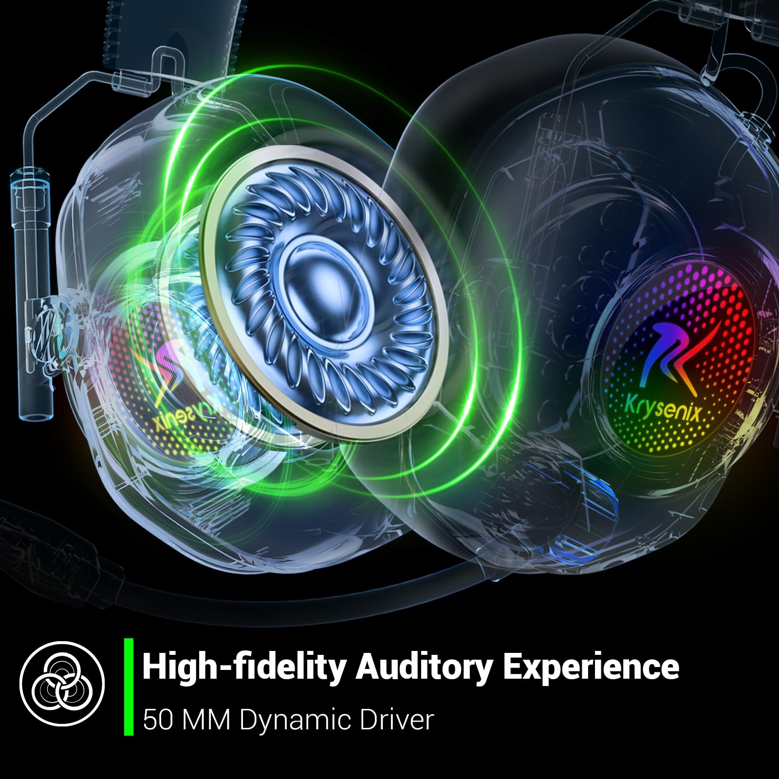 Krysenix headset showing 50‑hour battery life for long sessions