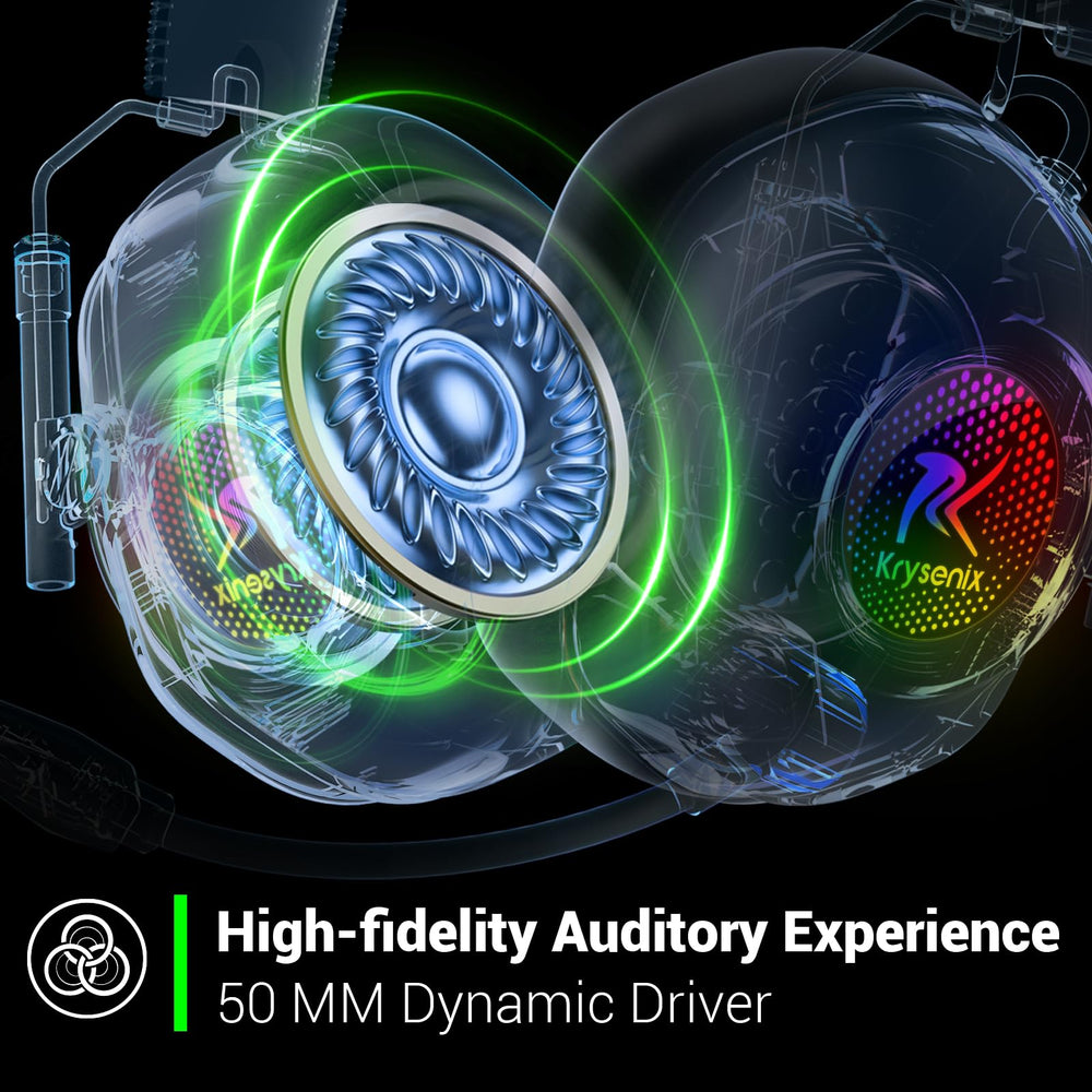 Krysenix headset microphone close‑up with adjustable, noise‑cancelling mic.