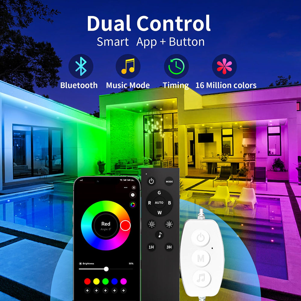 KSIPZE outdoor LED strip, RGB Bluetooth app control for customizable scenes.