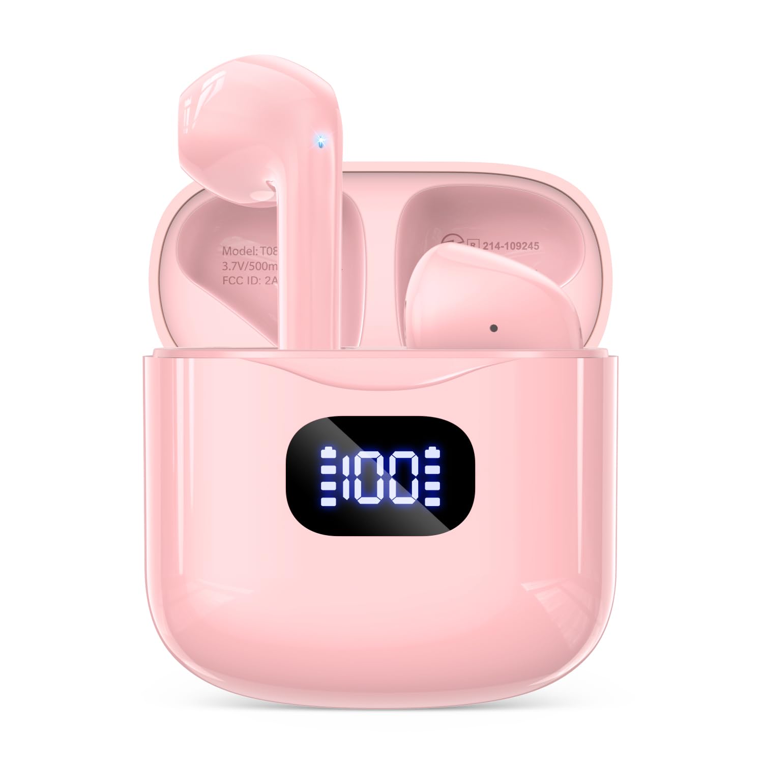 KTGEE T08 earbuds with pink LED display case for easy battery monitoring and long listening sessions.