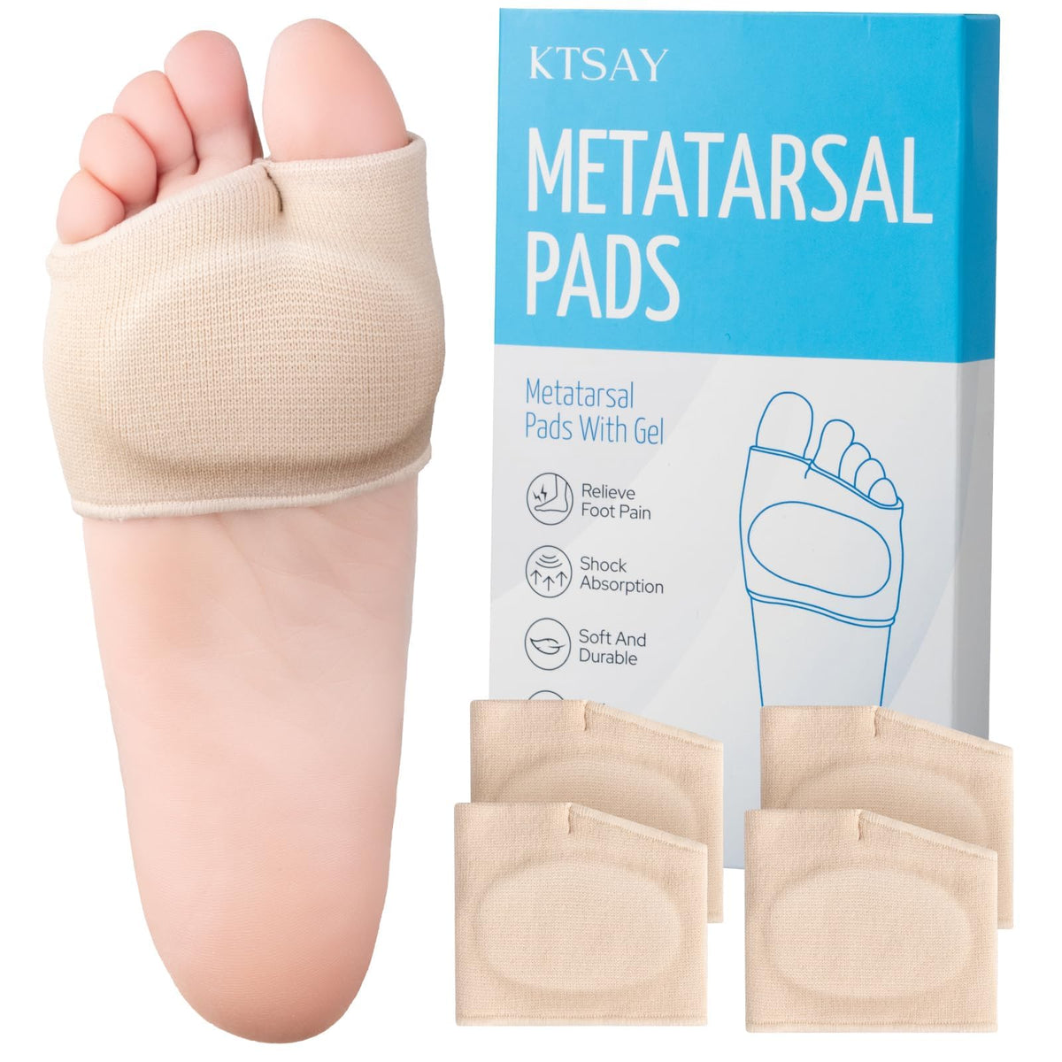 KTSAY two-pair gel metatarsal pads in beige packaging for all-day comfort