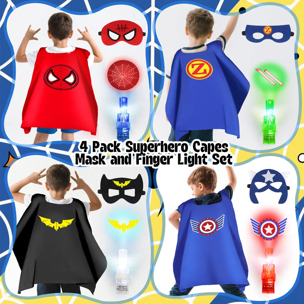 Kubusfly superhero cape set masks showcase matching gear for creative role-play.