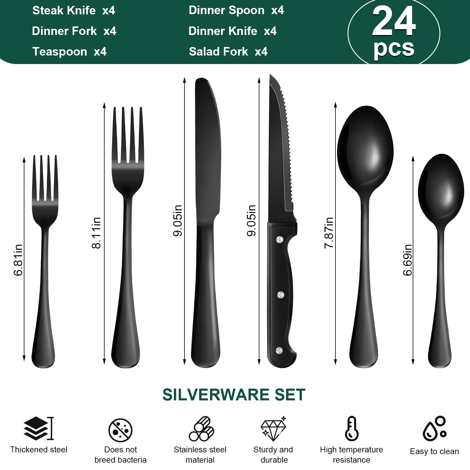 KUIHT black steak knives in stainless steel for precise cutting