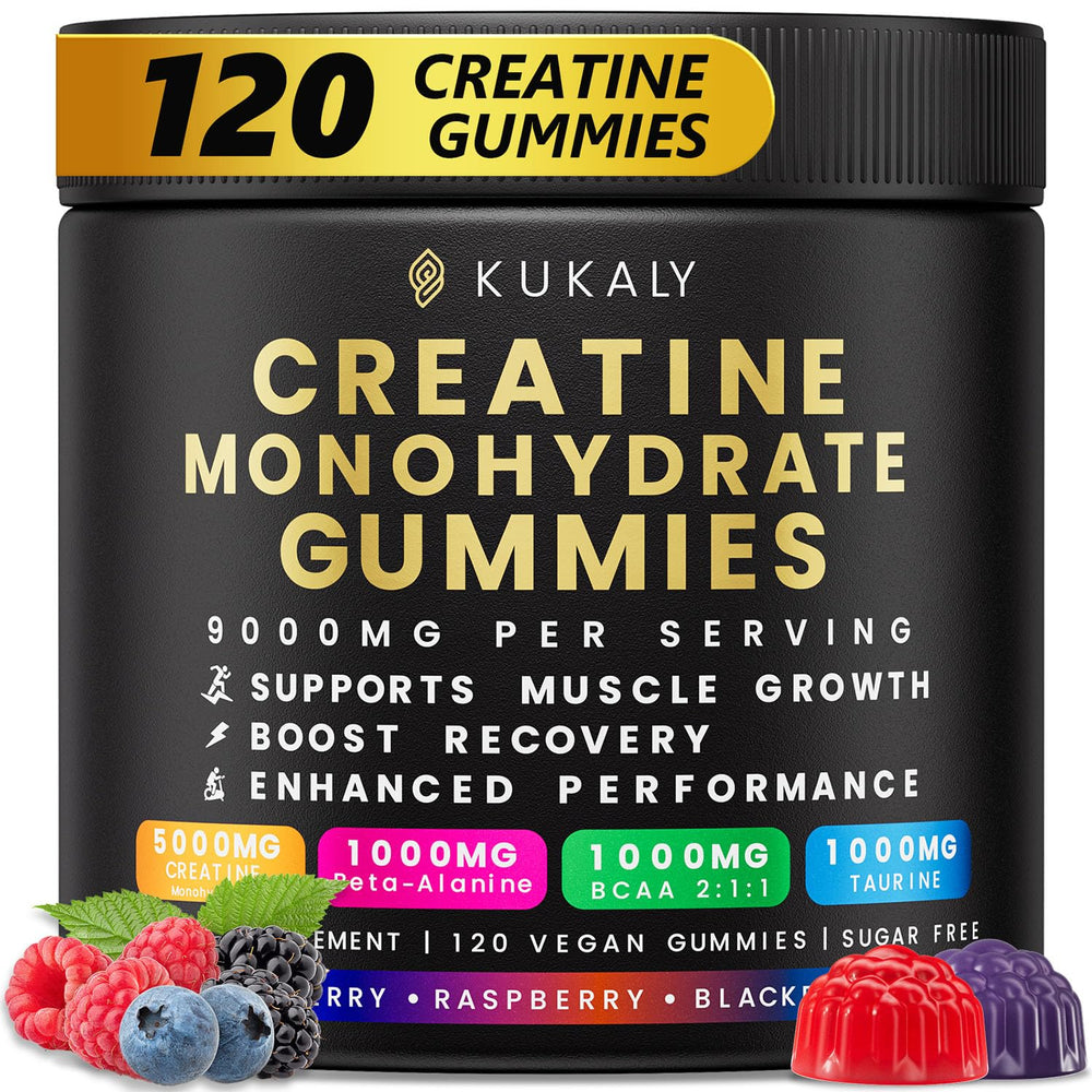 KUKALY Creatine Gummies bottle front promotes convenient, on-the-go training support.