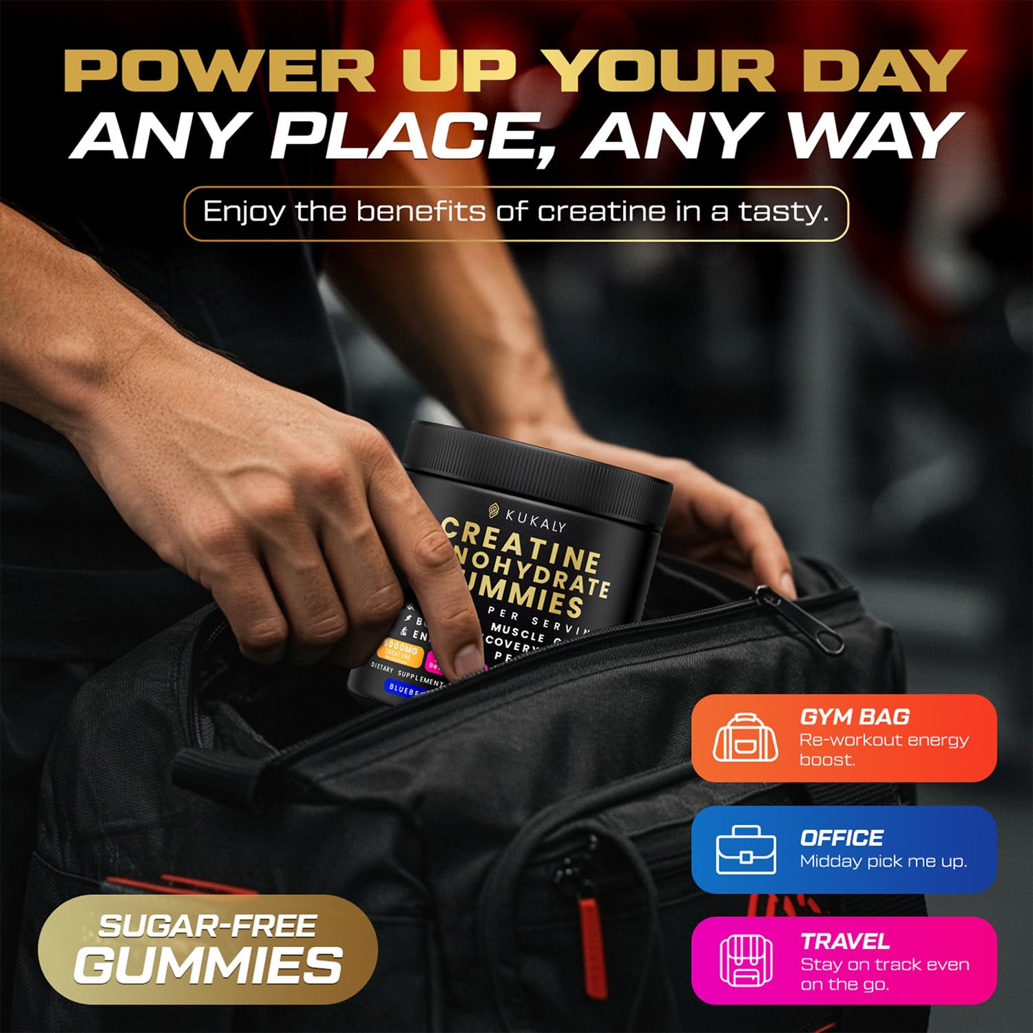 KUKALY Creatine Gummies closeup shows chewy texture and flavor variety for post-workout refreshment.
