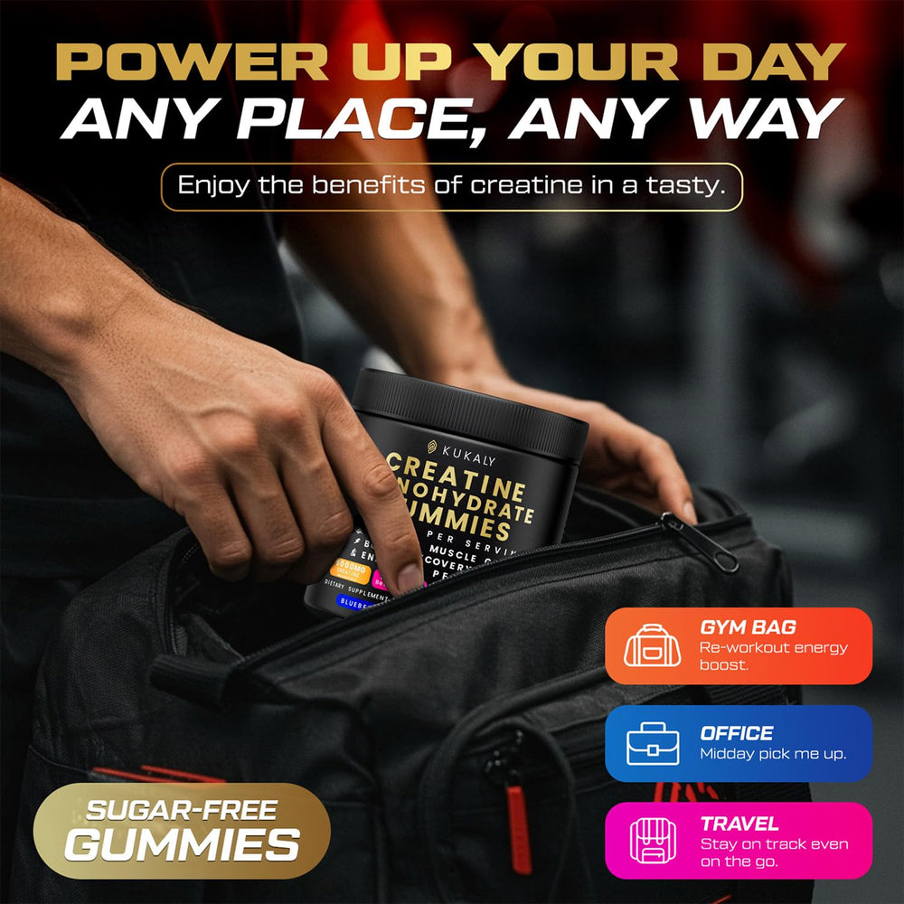 KUKALY Creatine Gummies closeup shows chewy texture and flavor variety for post-workout refreshment.