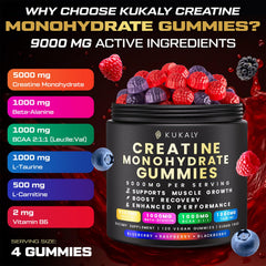 KUKALY Creatine Gummies flavor varieties blueberry, raspberry, blackberry showcase tasty post-workout options.