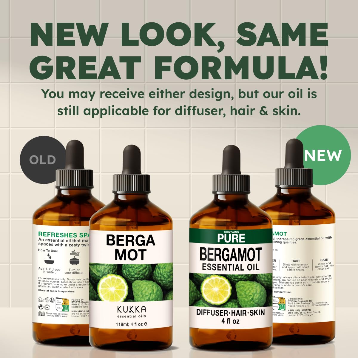 KUKKA Bergamot oil packaging variations—new and old versions contained identical premium oil.