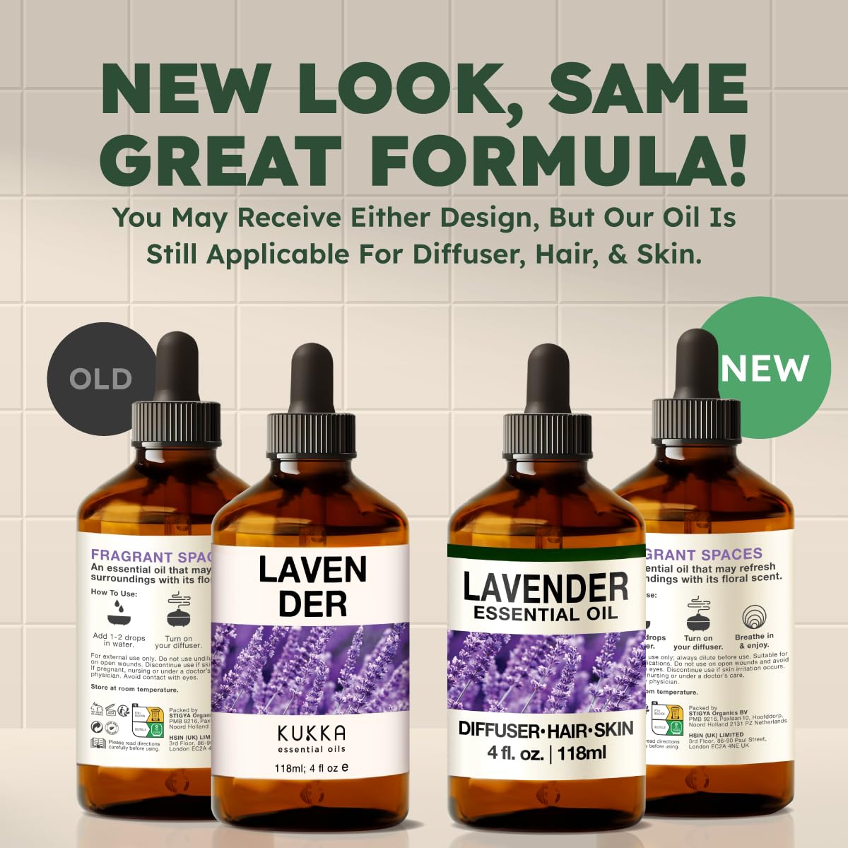 KUKKA Lavender essential oil bottle image demonstrates versatile home use across diffuser, skin, and hair.