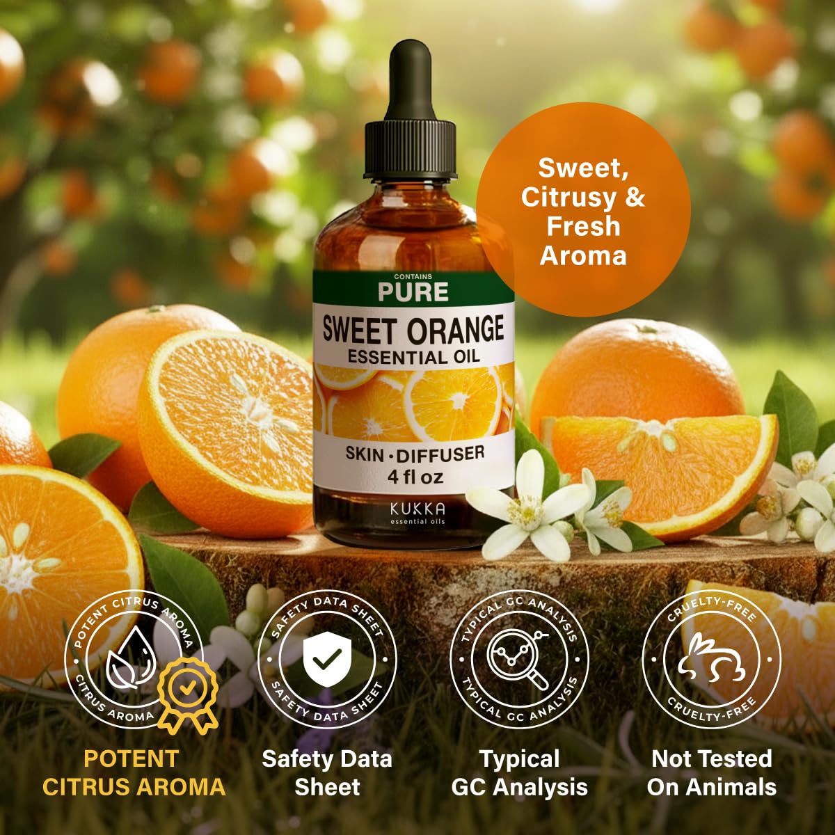 KUKKA orange essential oil packaging variants displayed with premium oil.