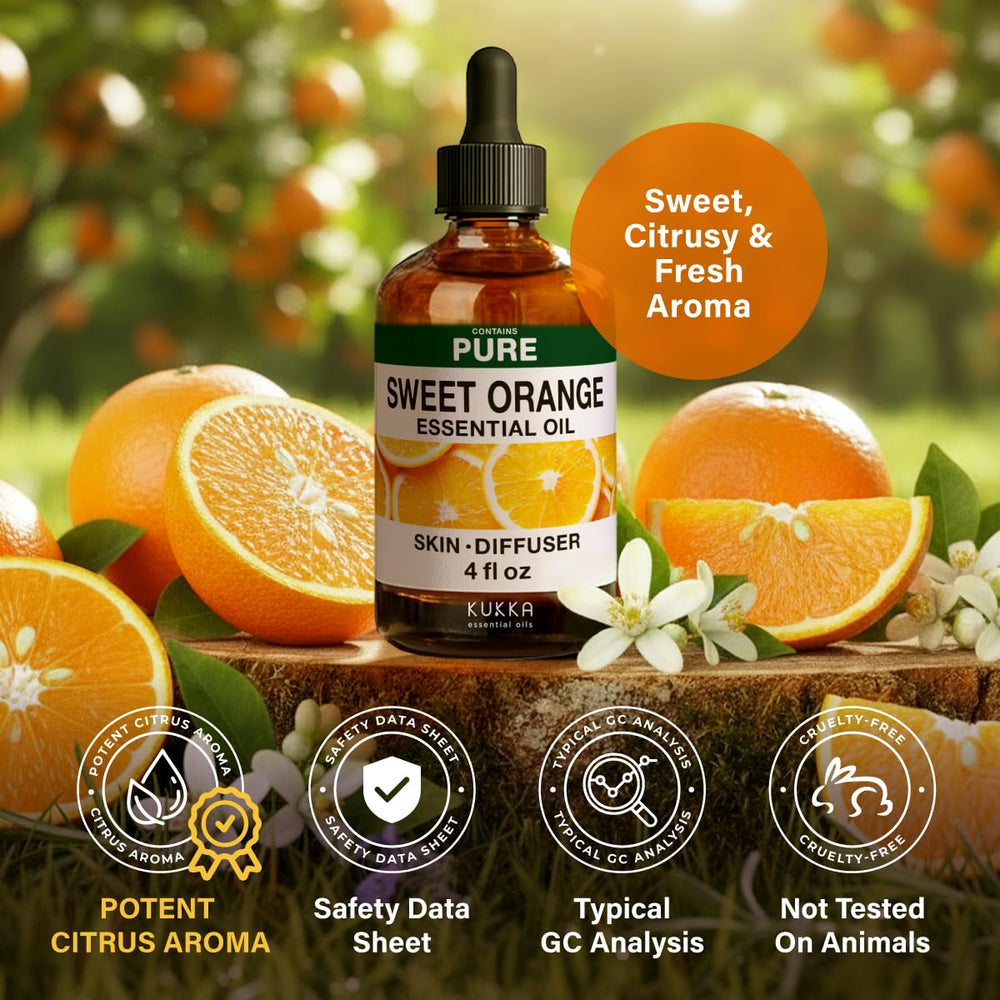 KUKKA orange essential oil packaging variants displayed with premium oil.
