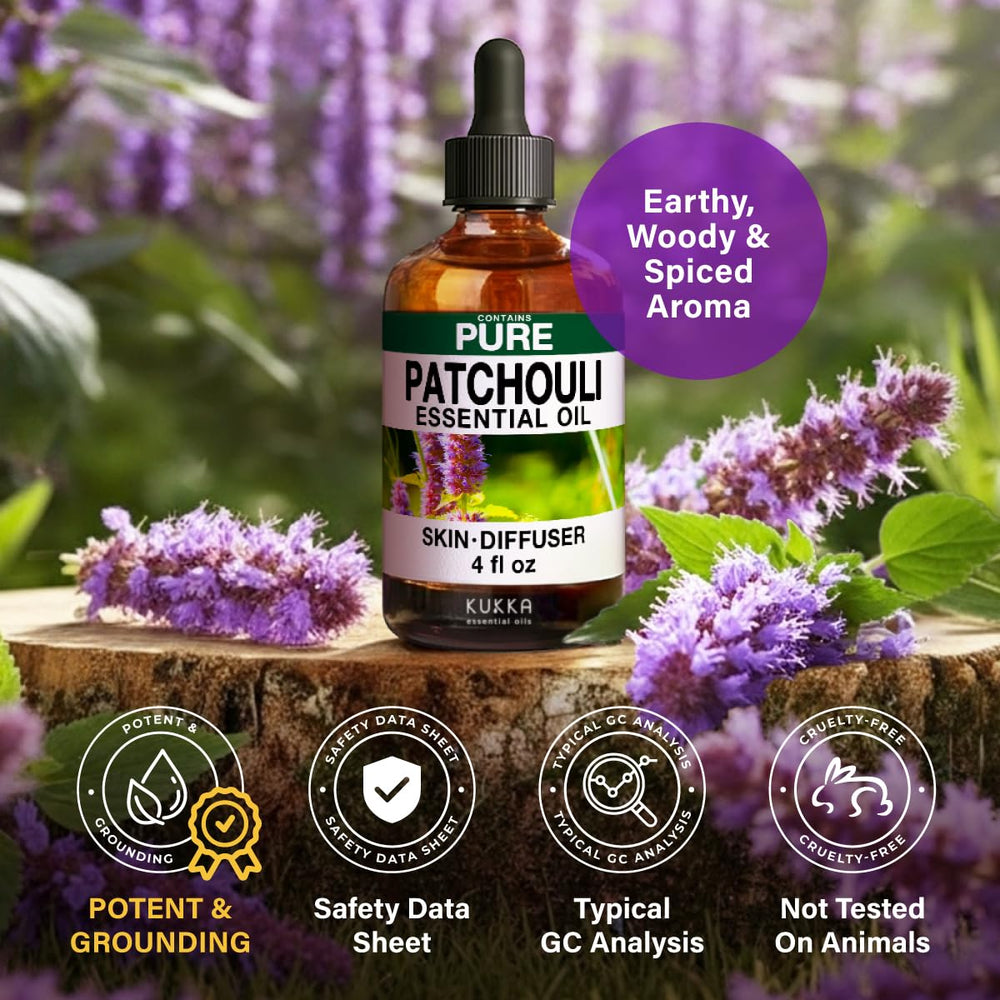 KUKKA Patchouli essential oil packaging showing new and old variants