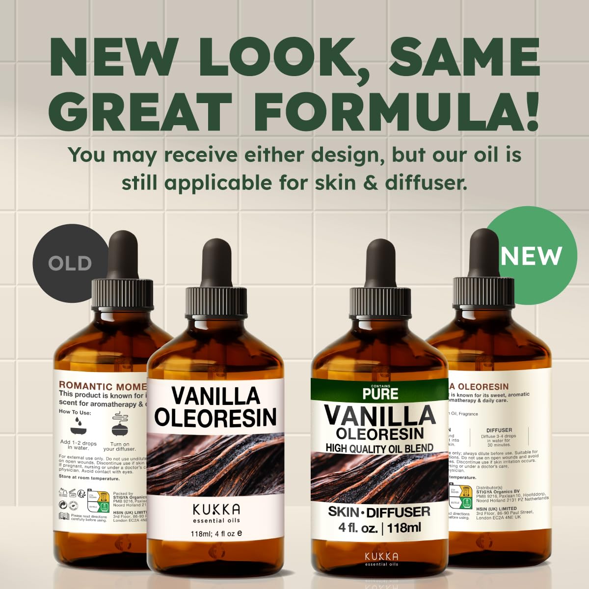 KUKKA Vanilla essential oil packaging shows new and old versions