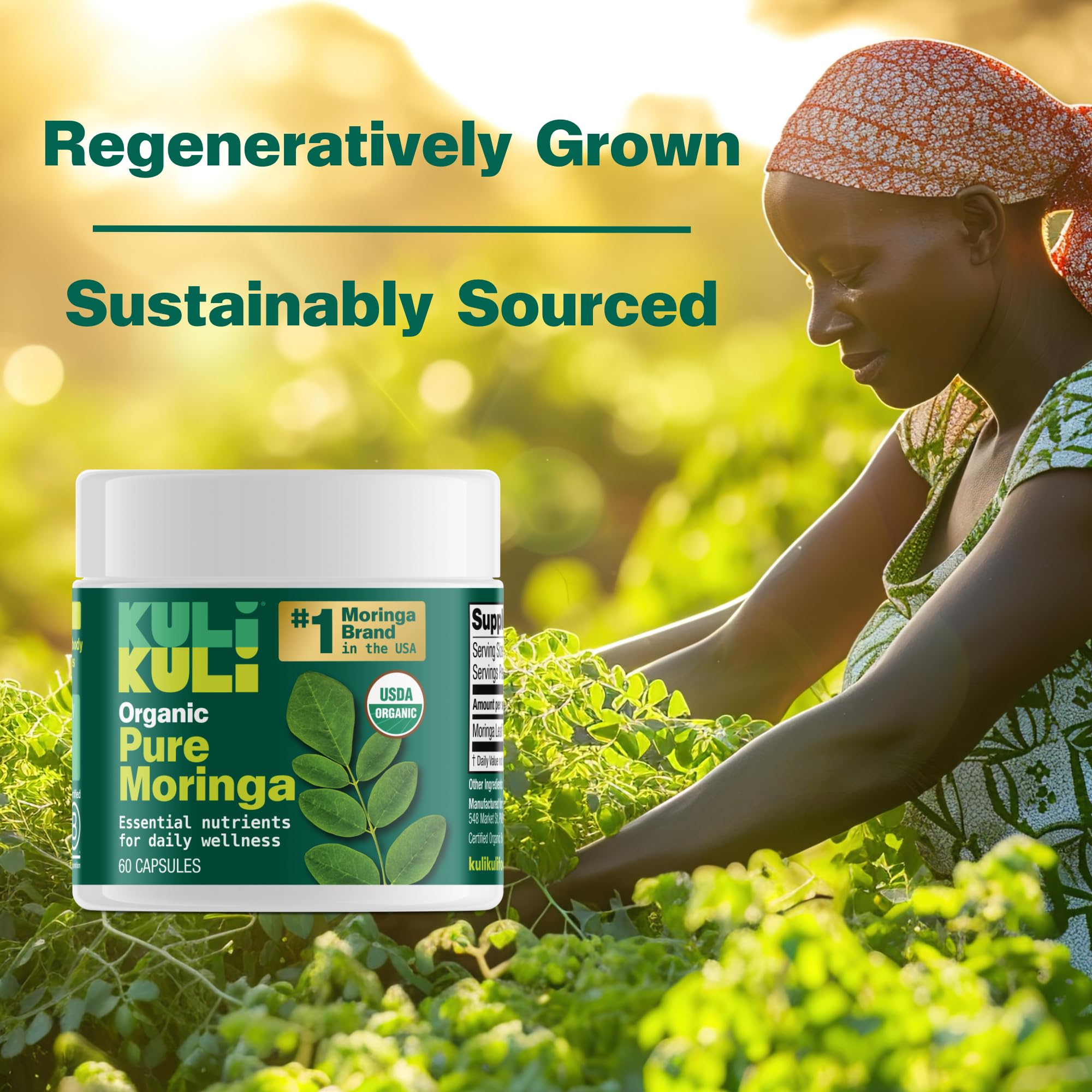 Lifestyle shot with healthy meals and moringa capsules in use.