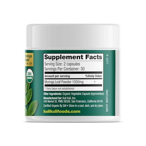 Closeup of moringa leaf powder used in Kuli Kuli capsules.