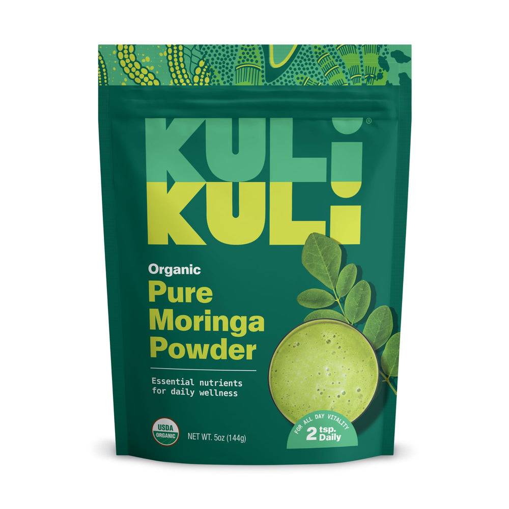 Kuli Kuli Moringa bottle pour shows convenient greens for smoothies and meals.