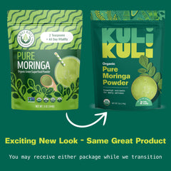 Kuli Kuli Moringa powder jar closeup highlights vibrant green leaves.