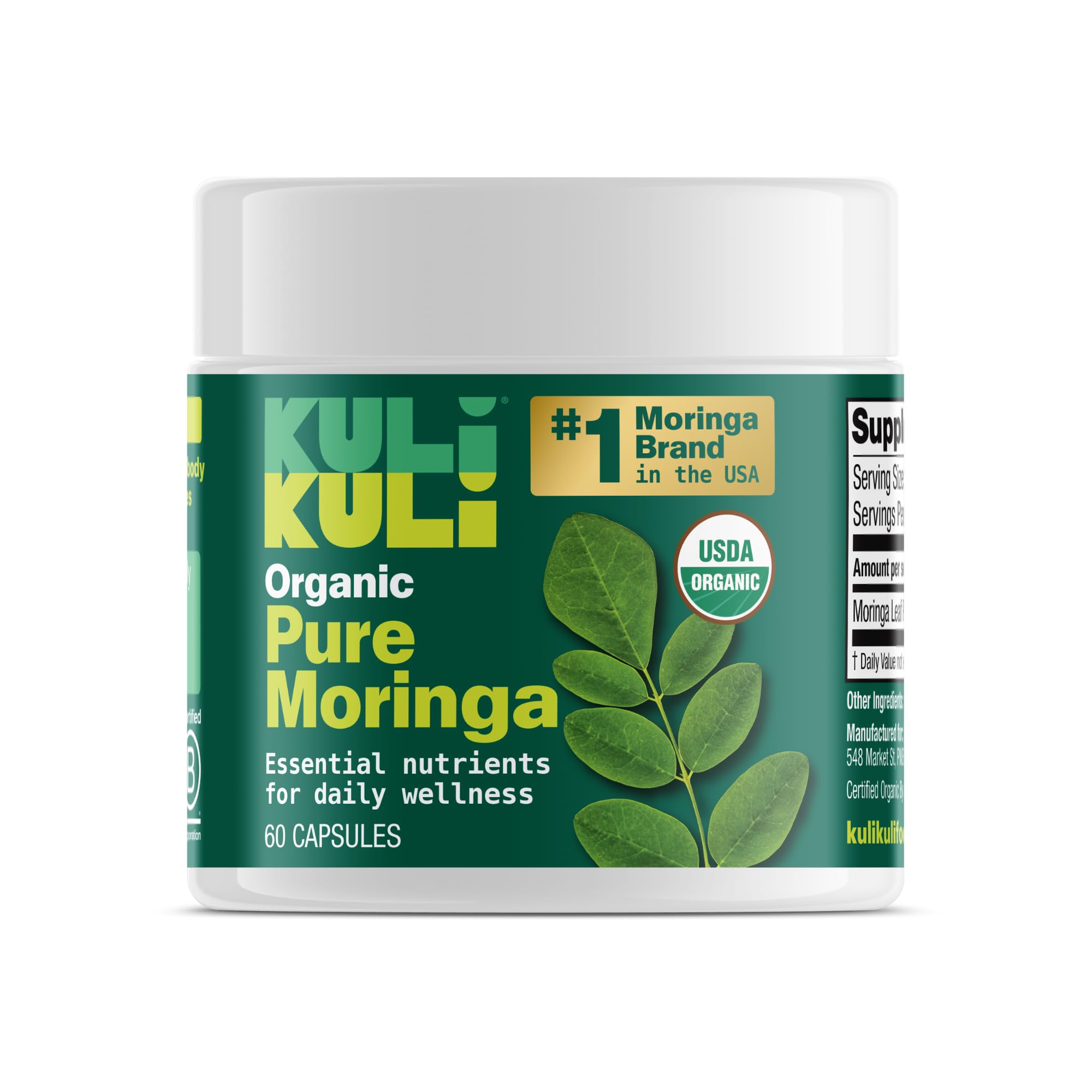 Kuli Kuli Organic Moringa capsules bottle front for daily wellness.