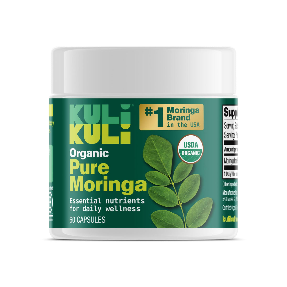 Kuli Kuli Organic Moringa capsules bottle front for daily wellness.