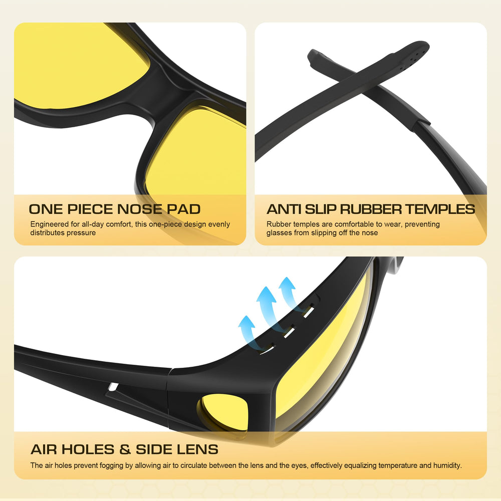 Kunchu night-driving glasses anti-fog vents help maintain clear views in damp or foggy conditions