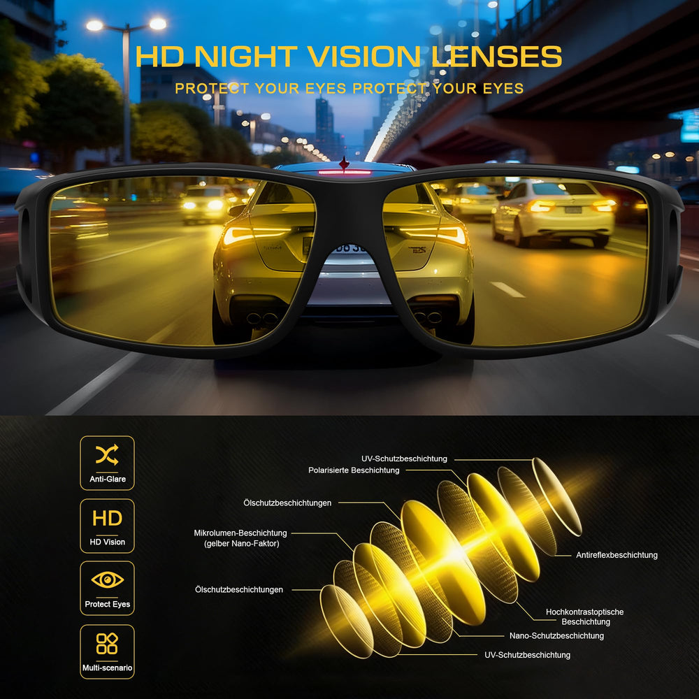 Kunchu night-driving glasses wrap-around design shields eyes and improves peripheral awareness while driving