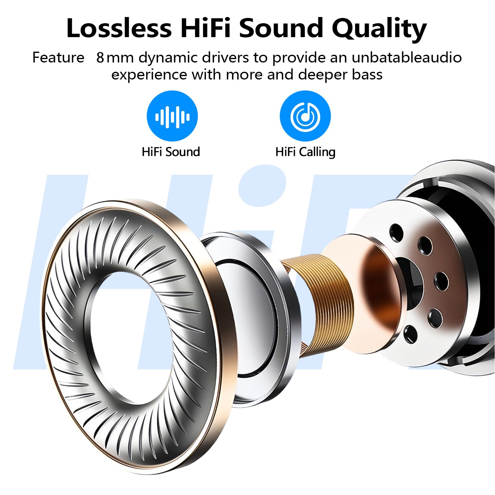 Kurdene earbuds with 8mm driver detail delivering deep bass.