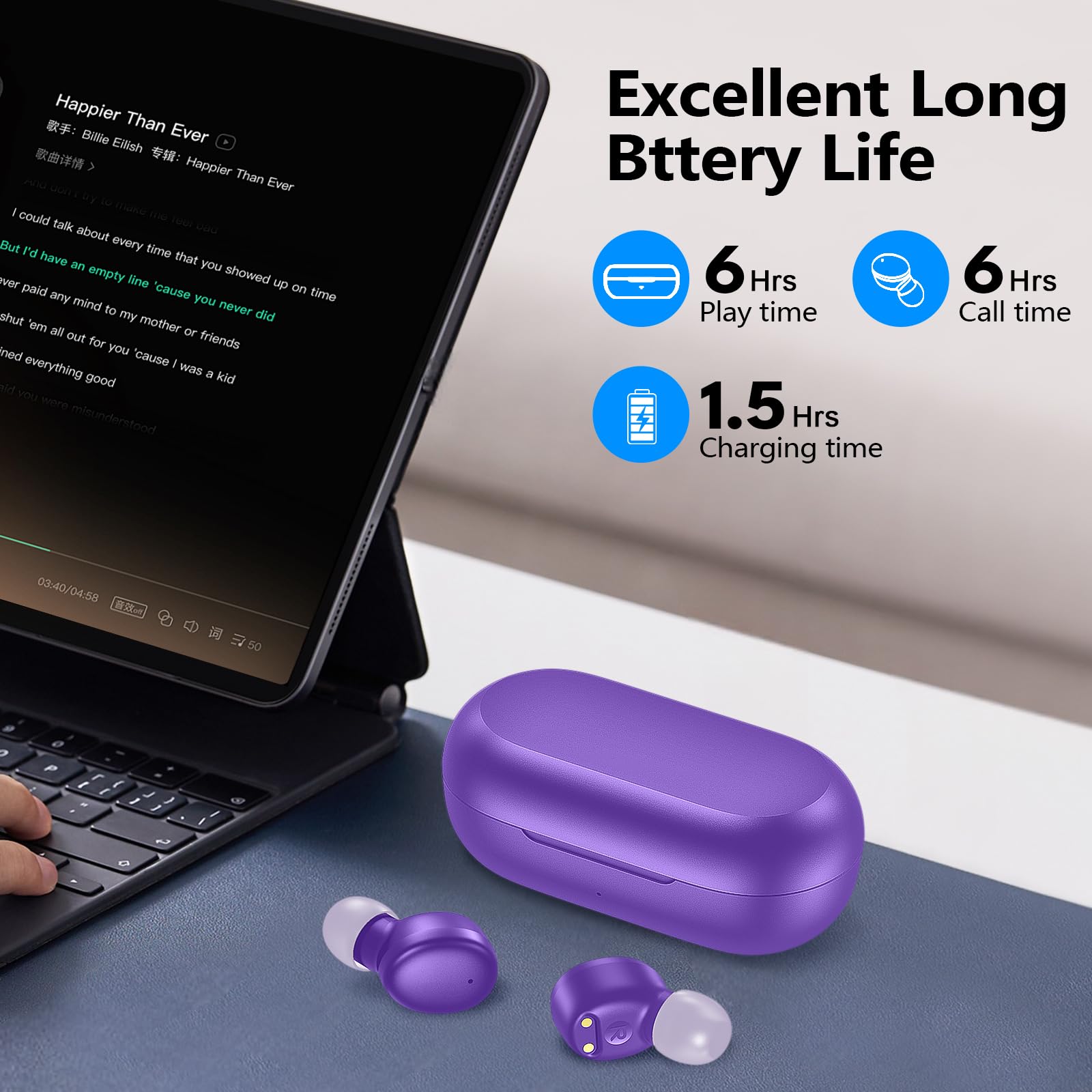 Kurdene earbuds purple angle back emphasizing sleek, secure design