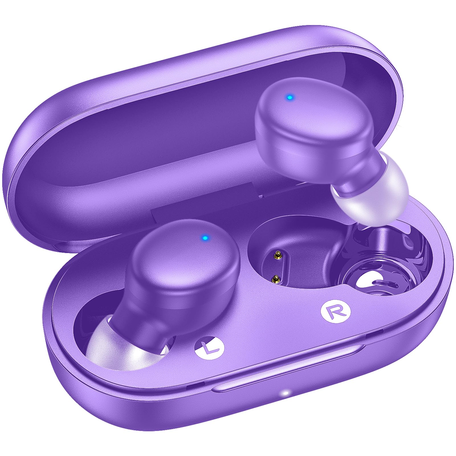 Kurdene wireless earbuds with purple case viewed from the front for portability