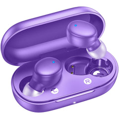 Kurdene wireless earbuds with purple case viewed from the front for portability