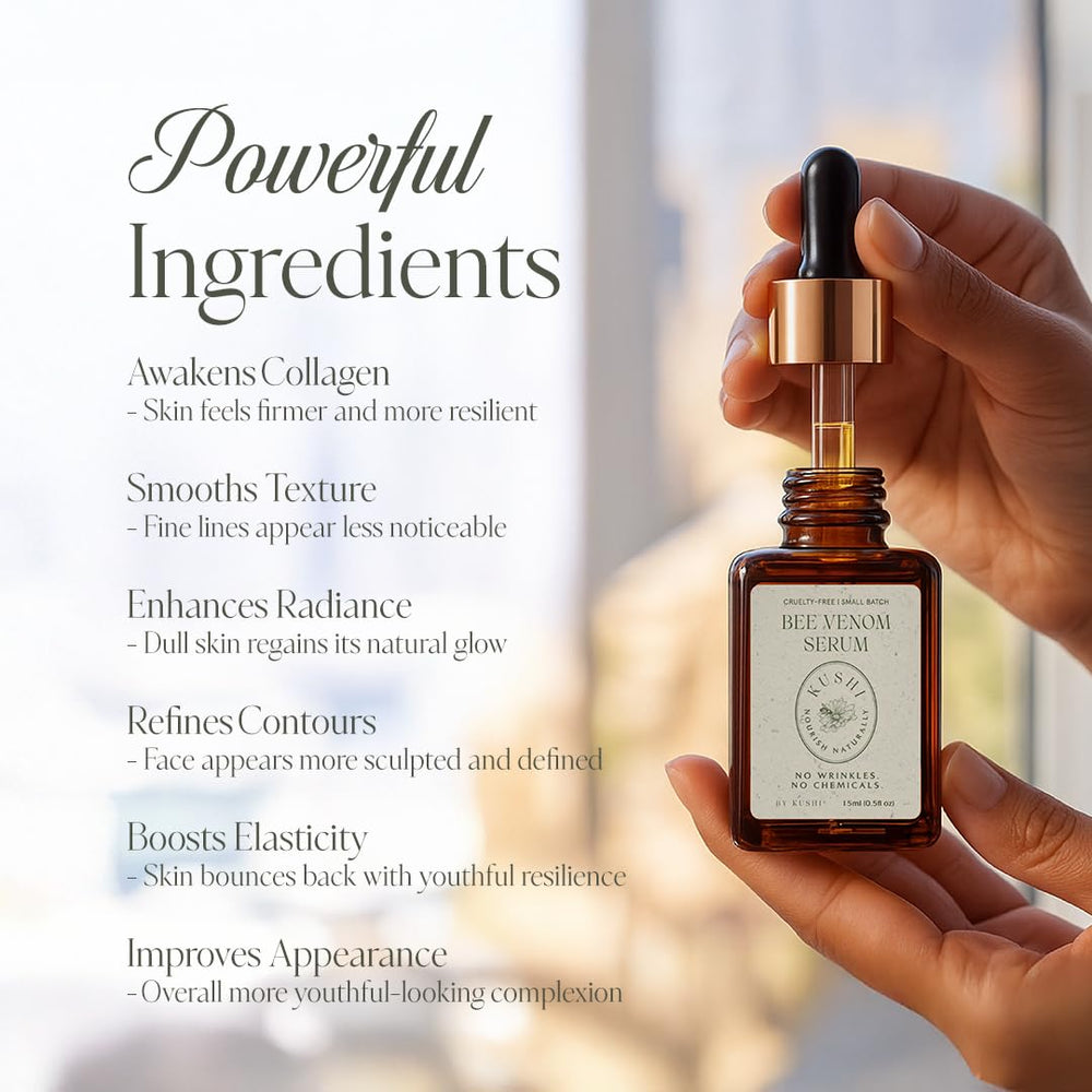 KUSHI Bee Venom Serum cruelty-free logo signaling ethical sourcing.