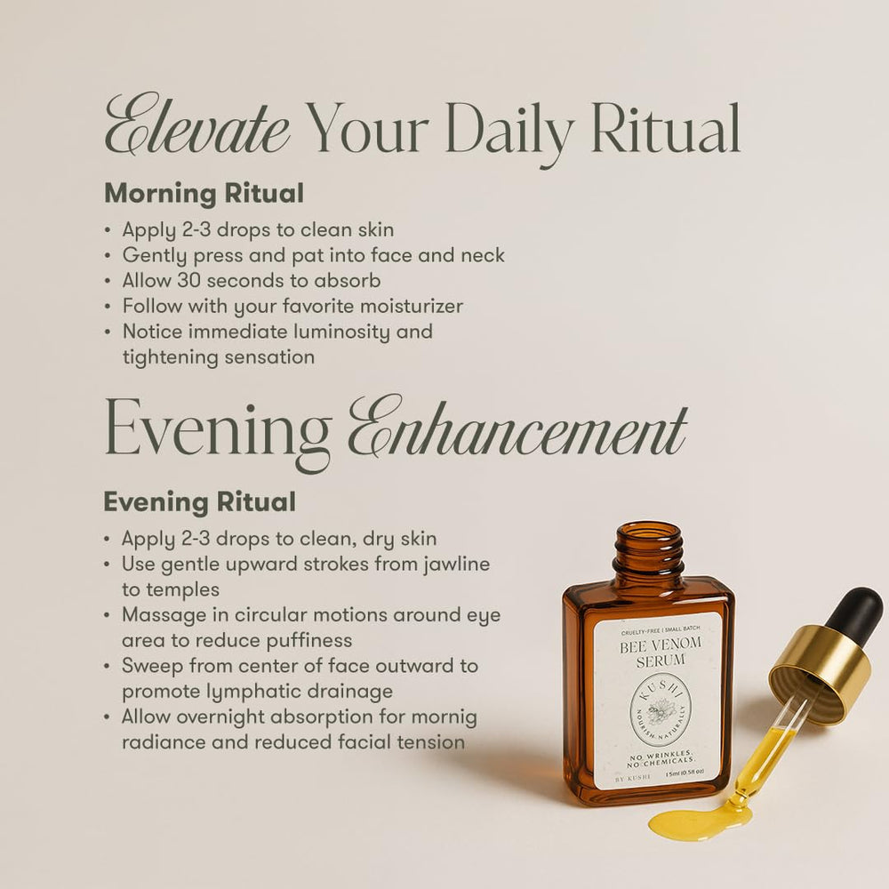 KUSHI Bee Venom Serum with jojoba oil on a clean surface.