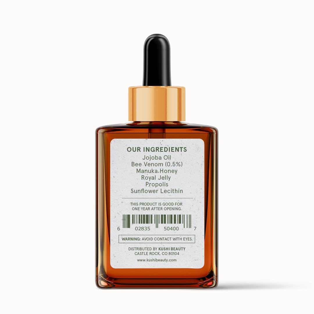 KUSHI Bee Venom Serum on nightstand, ideal for nightly routine.