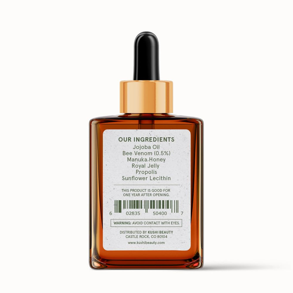 KUSHI Bee Venom Serum on nightstand, ideal for nightly routine.