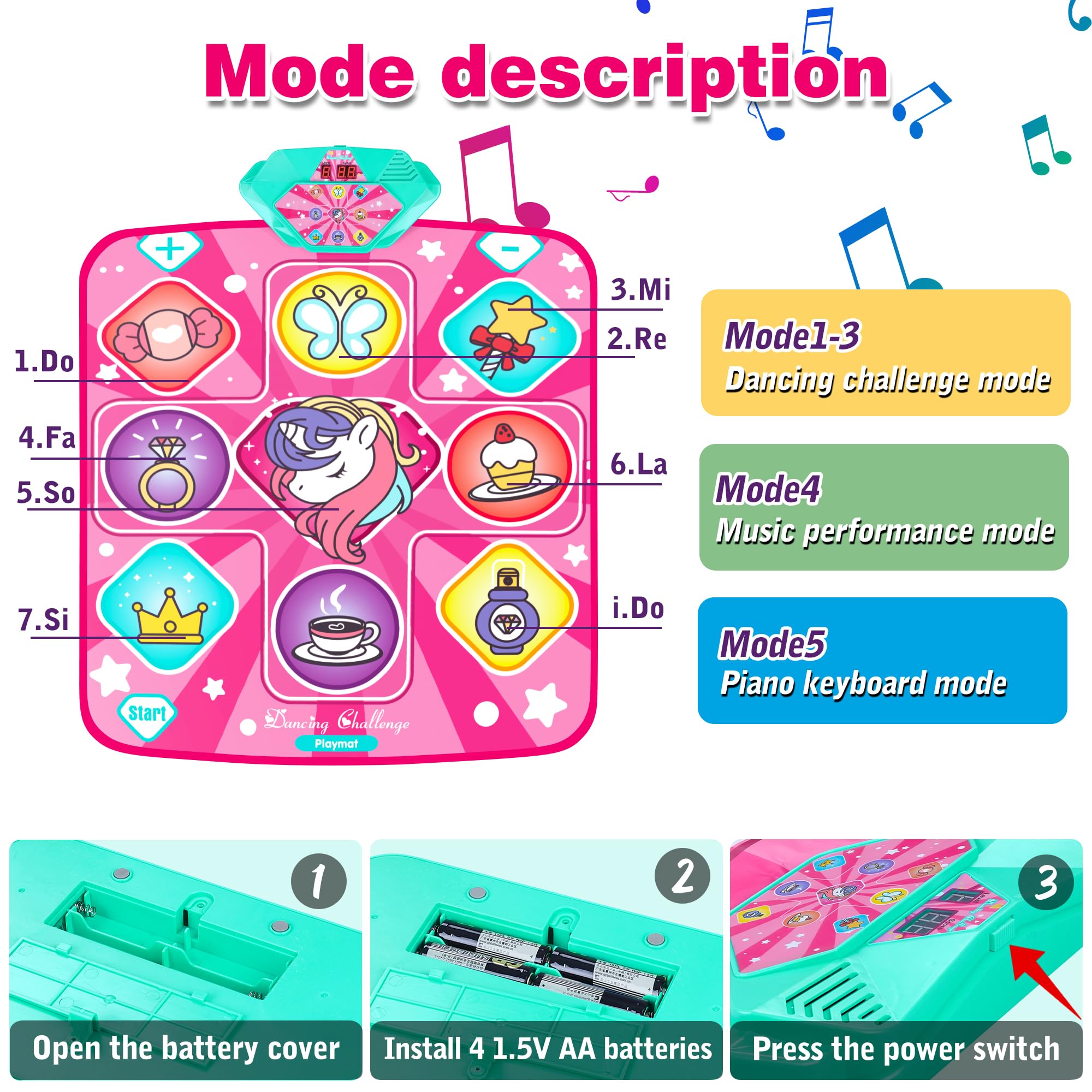 Kusntin Unicorn Dance Mat adjustable volume for kid-friendly sound