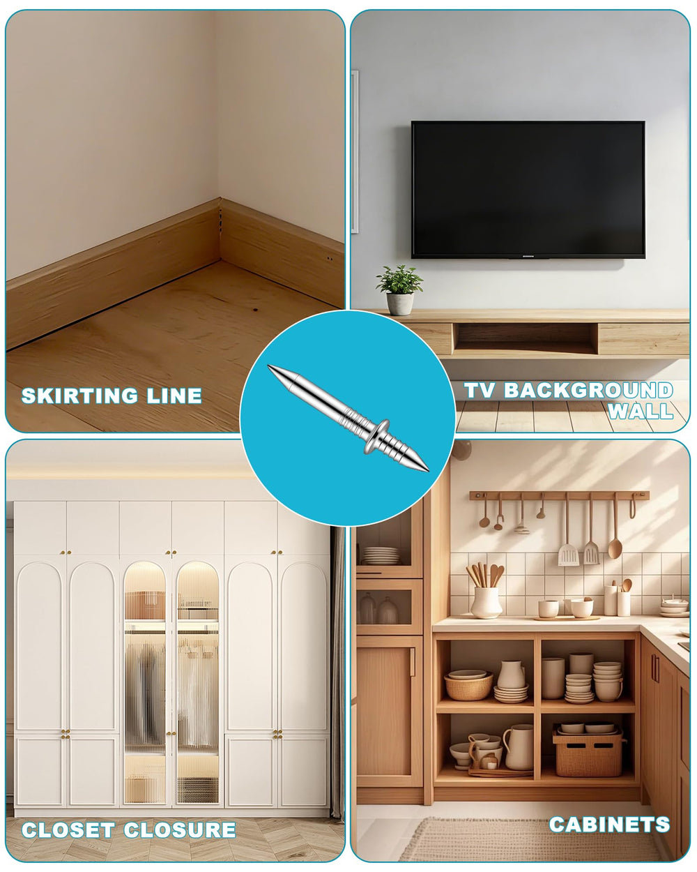 Kuugude nails used for cabinets, trims, and picture hanging.