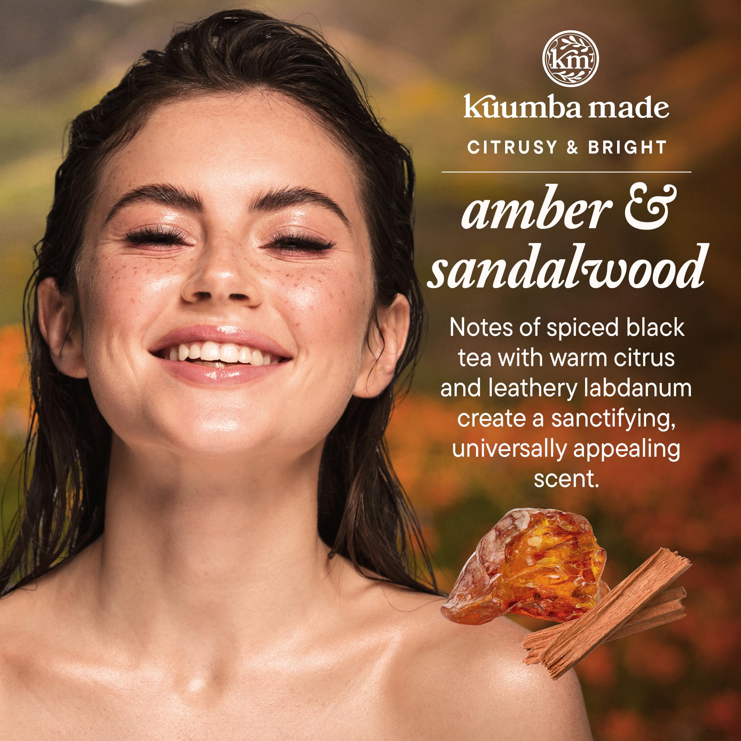 Kuumba Made Amber & Sandalwood product label close-up highlighting vegan formula.