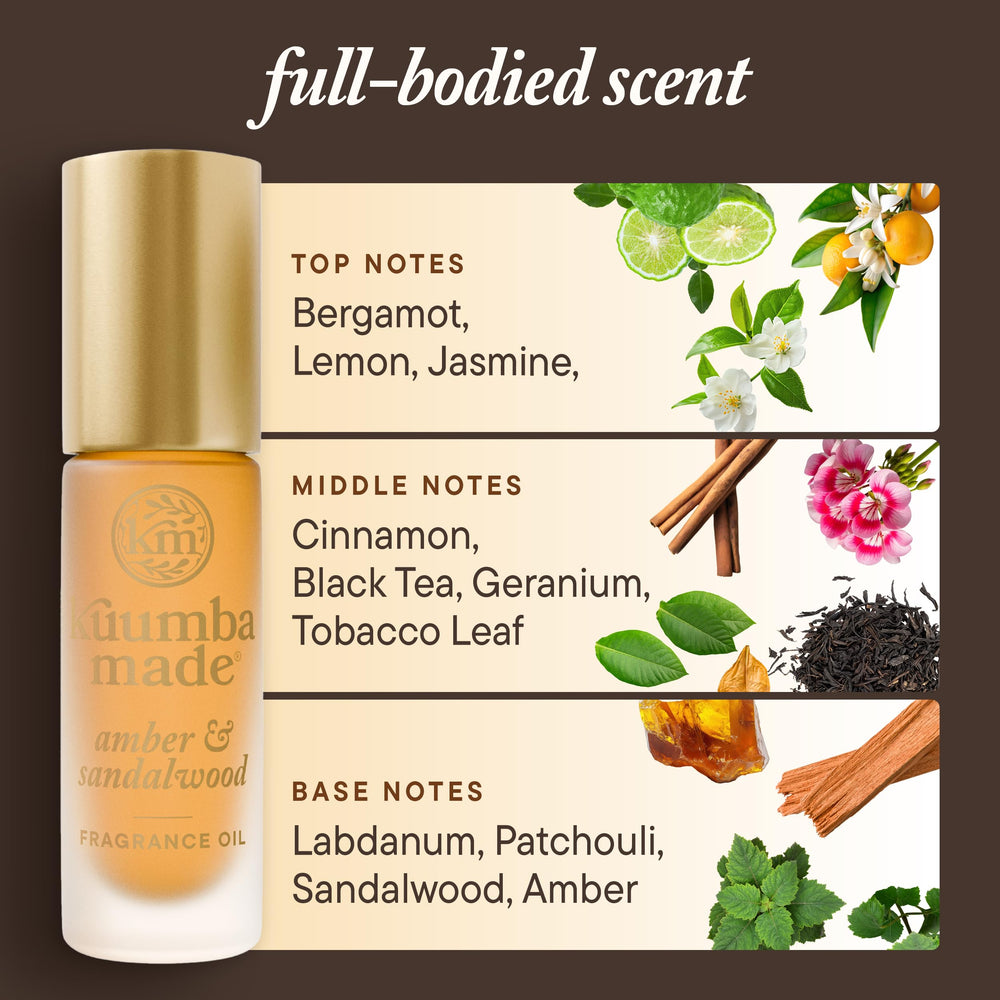 Kuumba Made Amber & Sandalwood lifestyle shot showing long-lasting fragrance on the go.