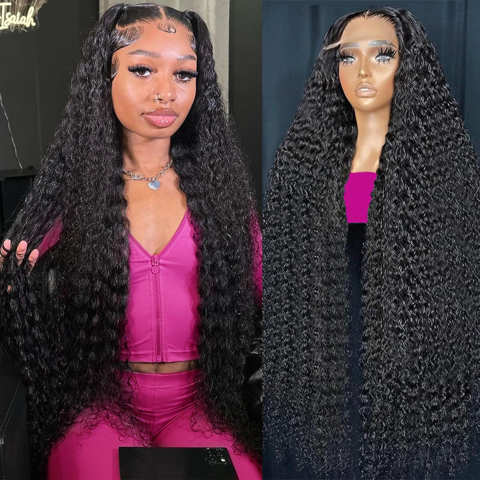 KVFCT deep wave lace front wig 13x6 top view showing a natural-looking hairline.