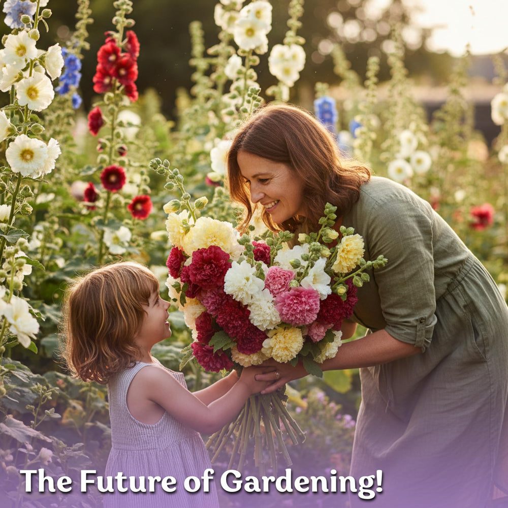 KVITER hollyhock seeds yield peony-like double flowers for cut arrangements.
