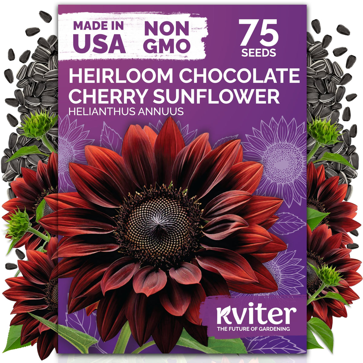 KVITER 75 Chocolate Cherry sunflower seeds front-pack, ideal for starting a home garden.
