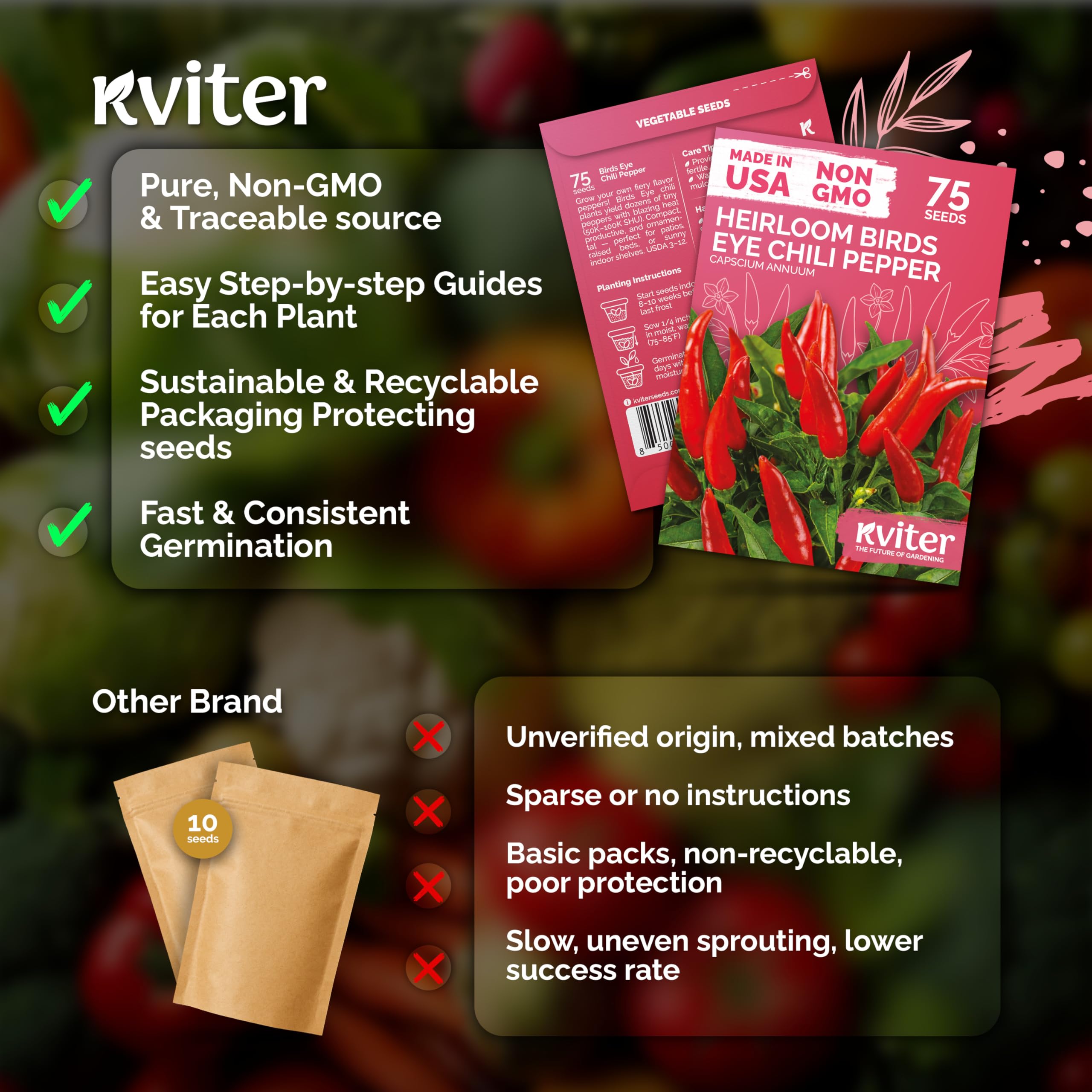 KVITER organic heirloom seeds suitable for pots and beds.