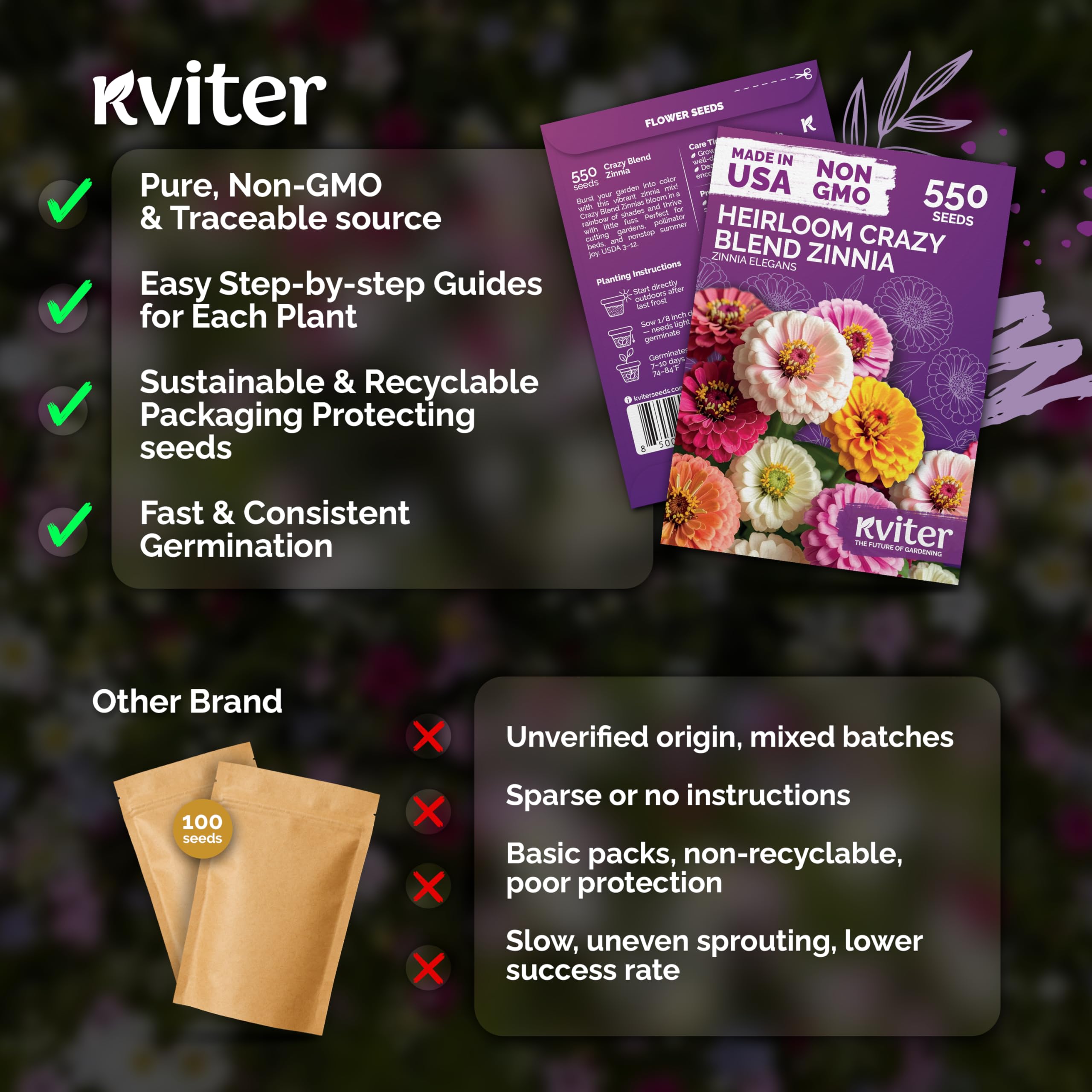 KVITER zinnia seeds extend bloom season from spring to frost.