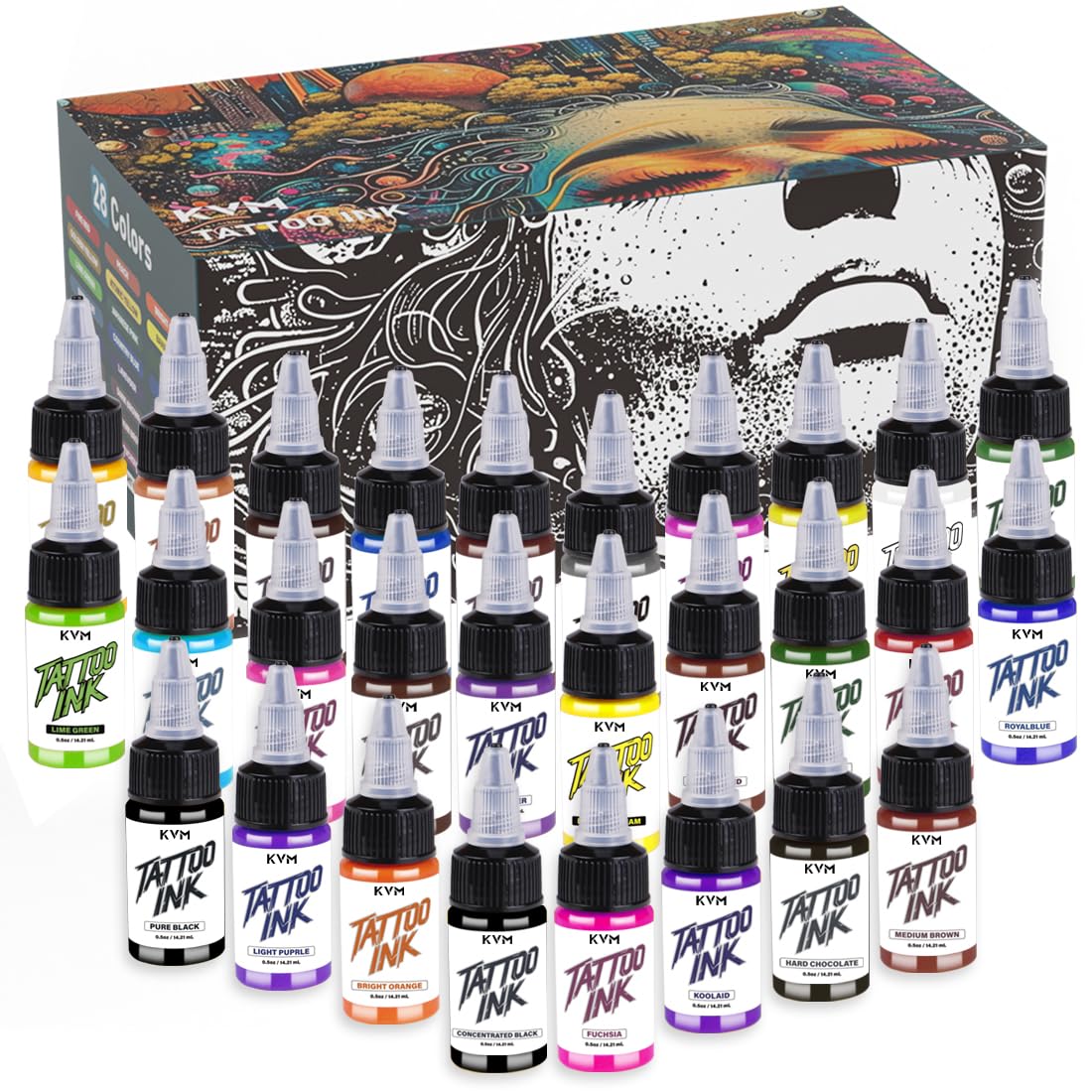 KVM Tattoo Ink 28-color collection offers vibrant palettes for versatile designs.