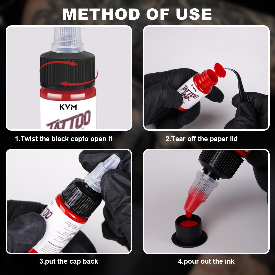 KVM Tattoo Ink PET bottles keep colors fresh and easy to store.