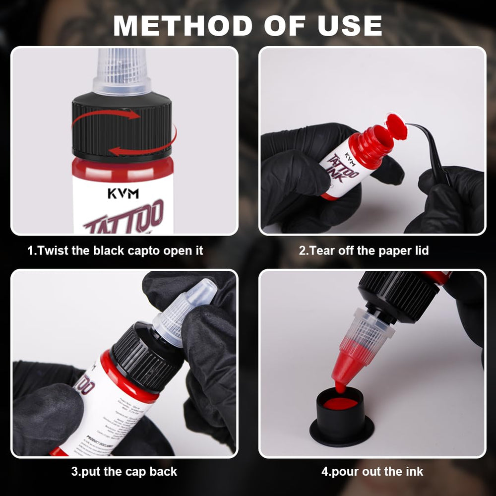 KVM Tattoo Ink PET bottles keep colors fresh and easy to store.