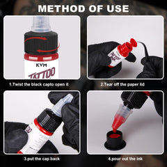 KVM Tattoo Ink PET bottles keep colors fresh and easy to store.