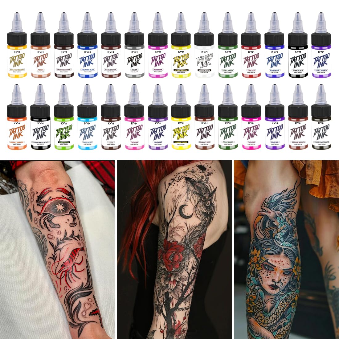 KVM Tattoo Ink vibrant colors support bold shading and crisp lines.