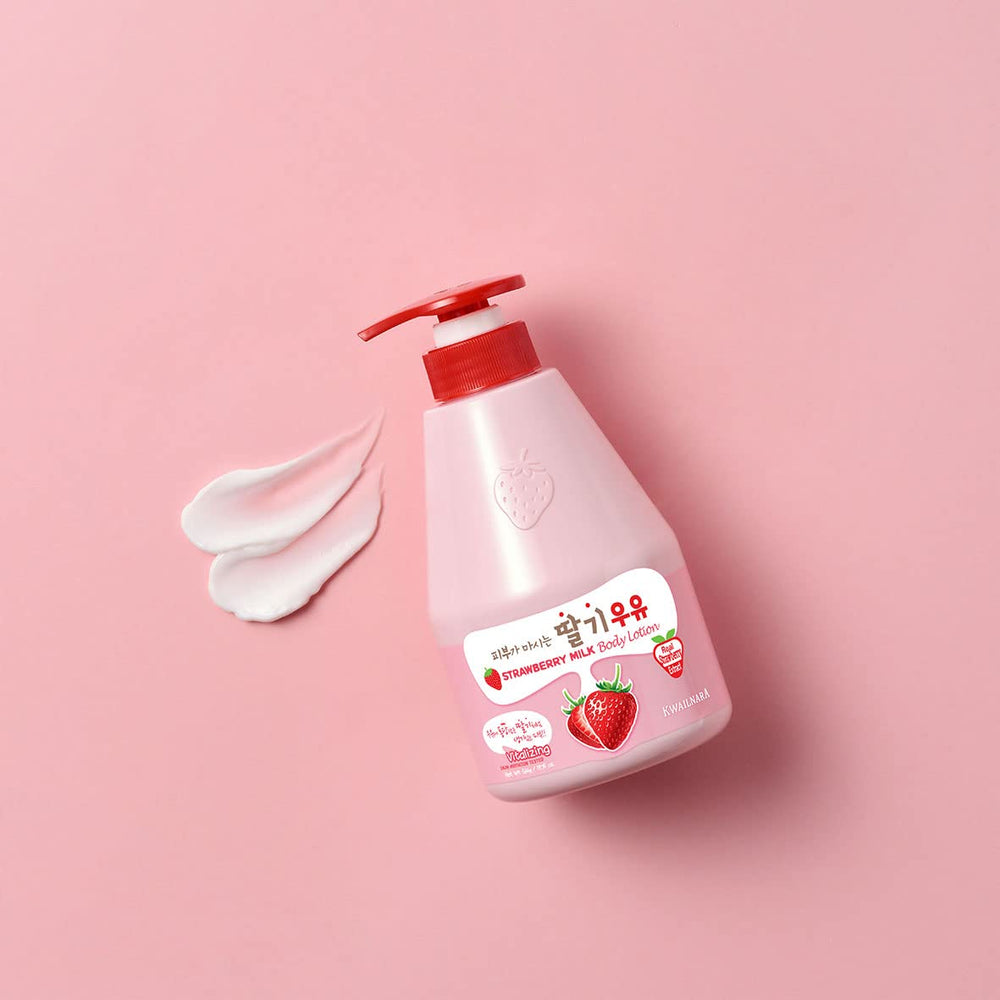 Kwailnara Strawberry Milk Lotion being applied to skin with fast absorption