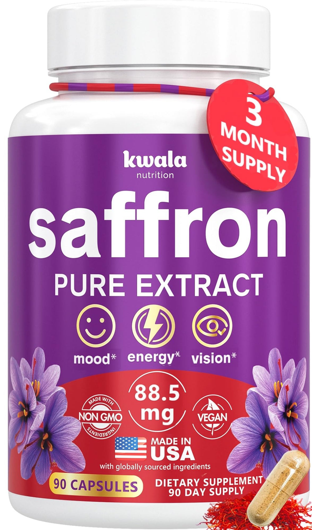 Kwala Nutrition saffron bottle and capsules for daily mood and focus support.
