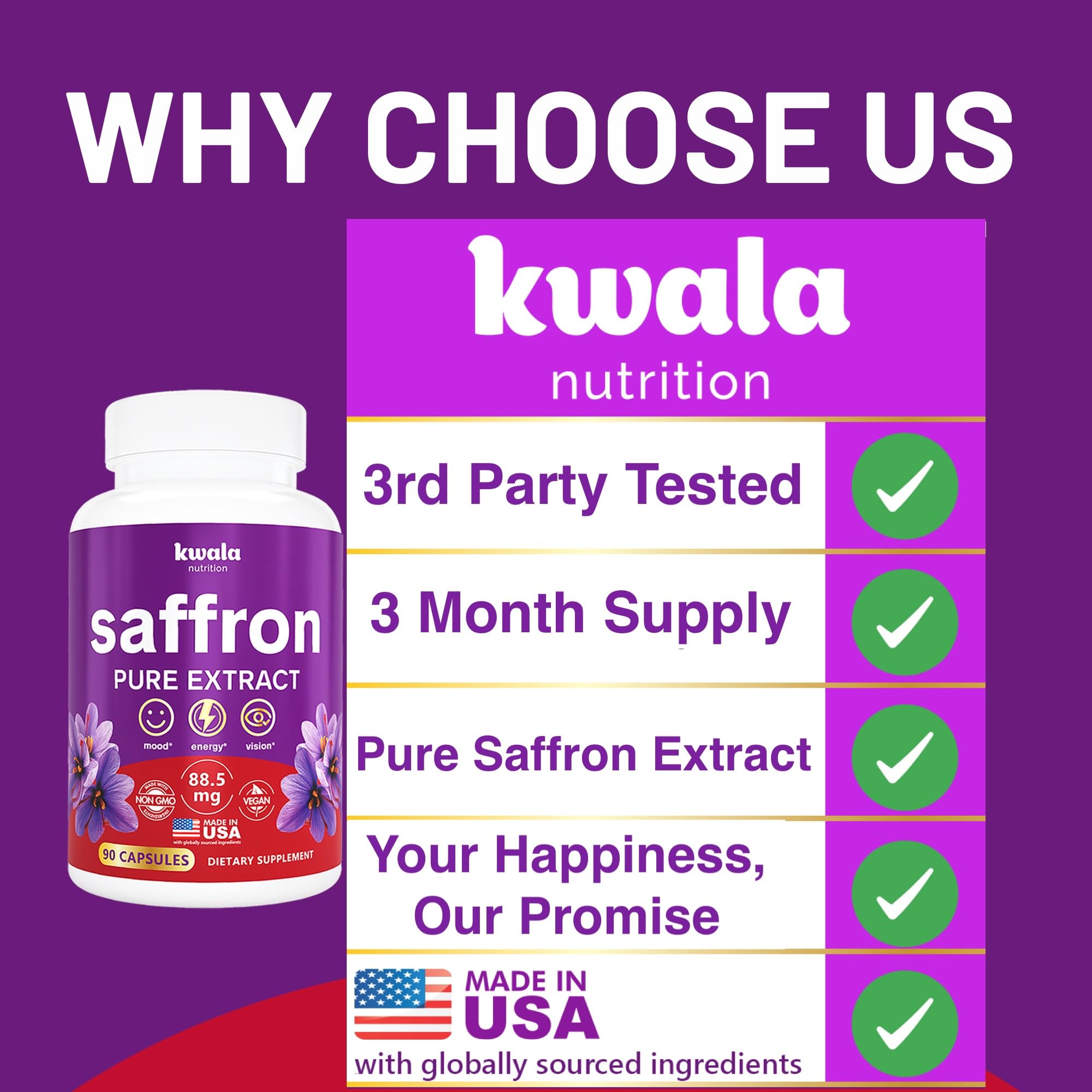 Kwala Nutrition saffron daily-use scene with capsule bottle and water.